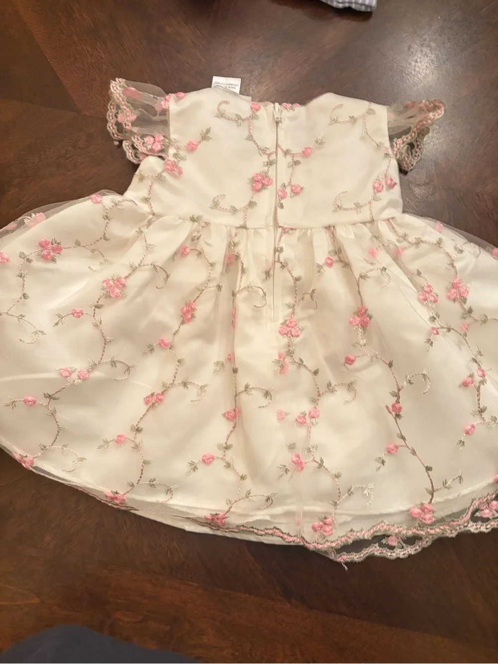 Girls Cream Floral Embroidered Party Dress with Pink Accents